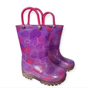 Outee Pink and Purple Heart Print Pull On Light Up Rain Boots Size 5